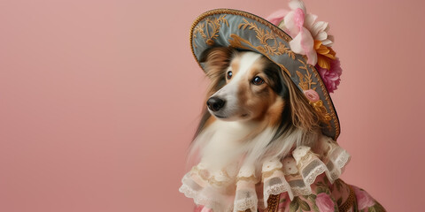 A collie dog dressed in a racing outfit