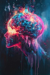 Vivid representation of brain overwhelmed by colorful digital ch
