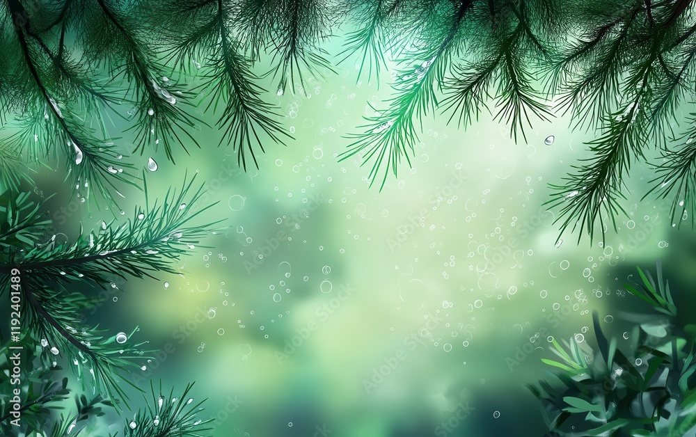 Aufkleber Abstract Pine Branch Frame with Water Droplets and Bokeh Background.