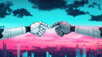 Two robotic hands completing a handshake, set against a futuristic cityscape background, representing technological collaboration and the future of business partnerships.