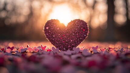 Fototapeta premium Romantic heart decoration surrounded by smaller hearts at sunset for Valentine's Day