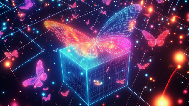 Psychedelic 80s art glowing cubes star cluster vibrant cosmic realm swirling pattern neon light surreal futuristic design multiverse mesh connection hippie butterfly moth creature world poster