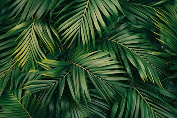 Vibrant green palm leaves overlap, creating a rich, tropical background texture