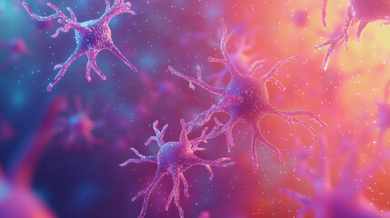 A vibrant 3D illustration of neurons, with a colorful background showcasing the intricate structure of nerve and brain cells.