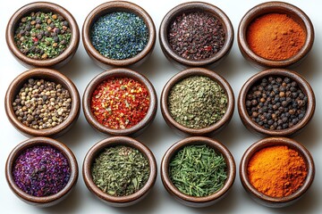 Colorful spices in bowls on white background for culinary use