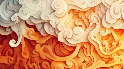 Illustrate a layered paper-cut effect with smooth curves and warm color transitions. Leave an uncluttered center space for text integration, surrounded by intricate details