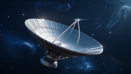 A massive silver satellite dish adorned with intricate designs showcasing advanced communication technology