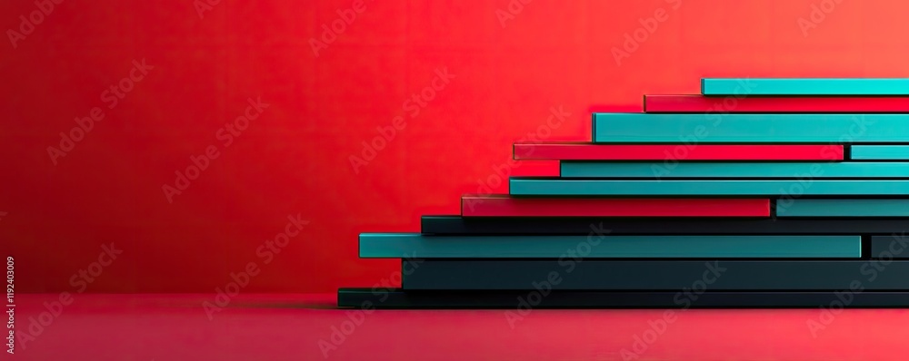 Poster vivid gradient concept. vibrant abstract composition with stacked colorful shapes against a red back