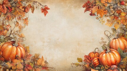 Illustrate a warm-toned background adorned with layered fall leaves, miniature pumpkins, and soft floral accents around the borders. Leave the central area empty for customization