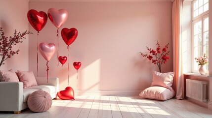 Romantic room interior design with heart-shaped balloons and soft furnishings
