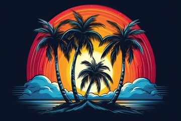 Tropical island with palm trees at sunset with colorful sky and clouds, creating a vibrant and exotic scene