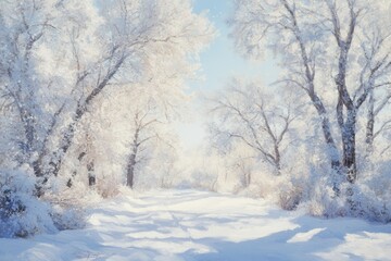 Enchanting Winter Wonderland Frosty Trees and Snowy Path in a Serene Landscape Painting.