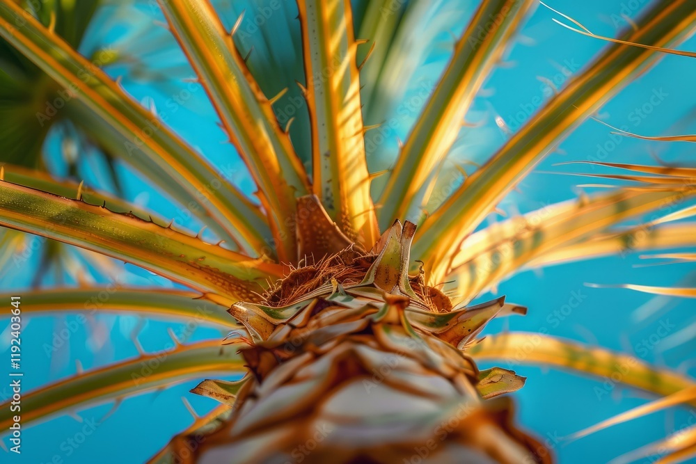 Poster close up view of palm tree trunk and leaves extending towards clear blue sky, evoking tropical vibes