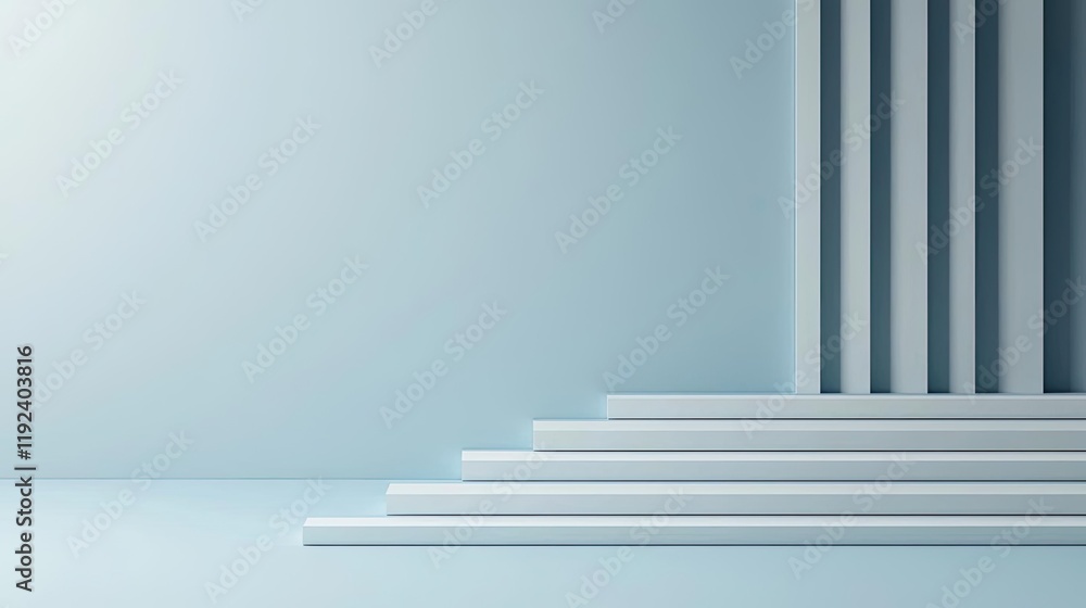 Poster Symmetry gradient concept. Minimalist interior with steps and modern columns in soft light.