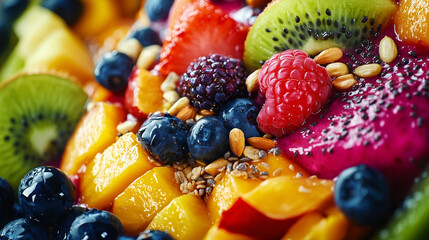 A vibrant smoothie bowl topped with fresh fruits, nuts, and seeds, featuring dragon fruit, blueberries, and coconut flakes, creating a colorful and nourishing bowl.