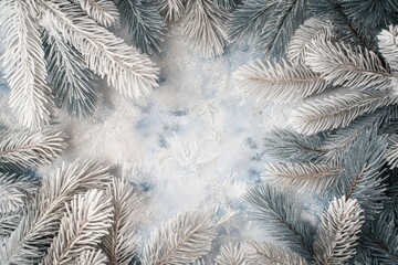 Frosted Pine Branches Framing Textured Winter Background