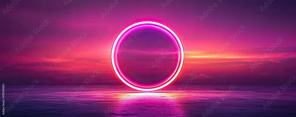 Poster vivid gradient concept. a vibrant sunset with a glowing neon circle reflected on calm waters, creati