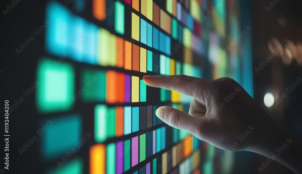 Poster hand pointing at interactive display with colorful squares, symbolizing user engagement and ai-power