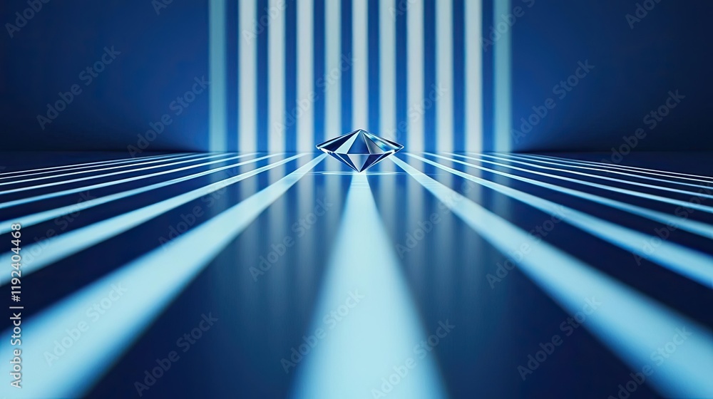 Poster Minimal symmetry idea. A stunning diamond illuminated by blue rays, creating a captivating light effect.