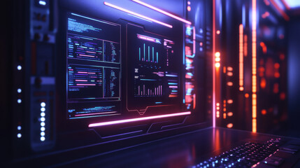 Futuristic digital dashboard with glowing neon displays showing data streams and graphs.  A keyboard sits in the foreground.