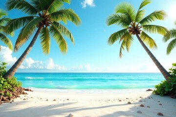 Obraz premium Idyllic Tropical Beach Scene Azure Waters, White Sand, and Lush Palm Trees Framing a Perfect Paradise