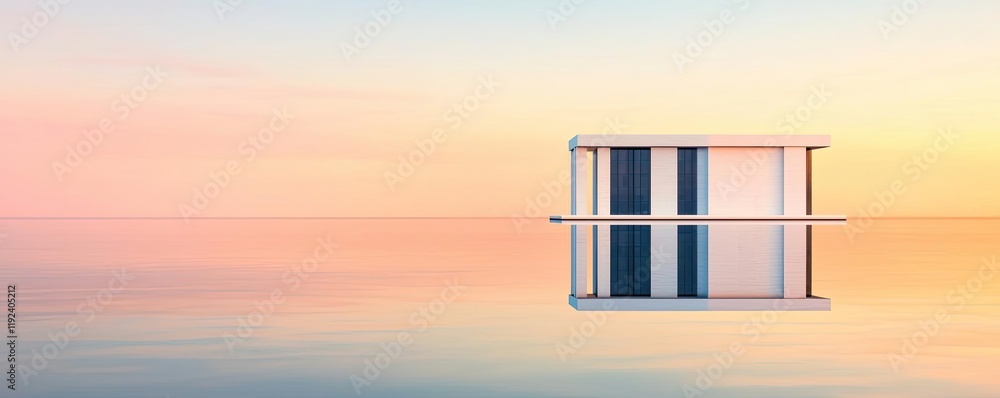 Poster minimal symmetry idea. modern architecture reflecting in serene water at sunset, showcasing minimali