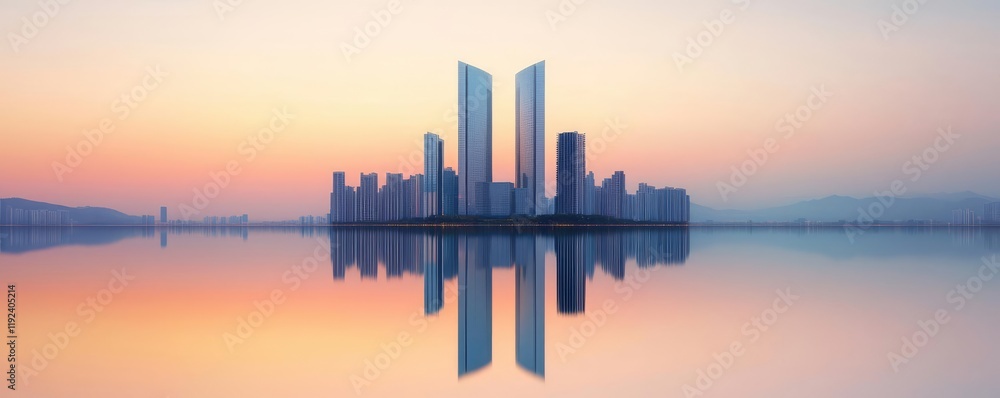 Poster minimal symmetry idea. modern skyscrapers reflecting in still waters at sunrise, creating a serene c