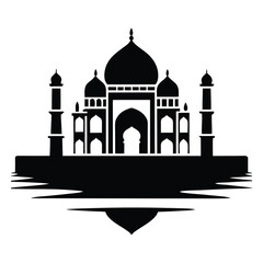 Islamic architecture, Taj Mahal silhouette, black and white illustration, symmetrical design, domed roof, minarets, reflection in water, iconic landmark, geometric shapes, ornate details, monochromati