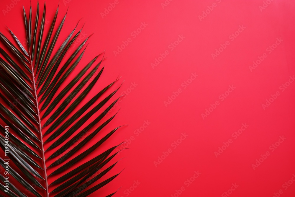 Poster dark tropical palm leaf creating a beautiful contrast against a vibrant red background, offering amp