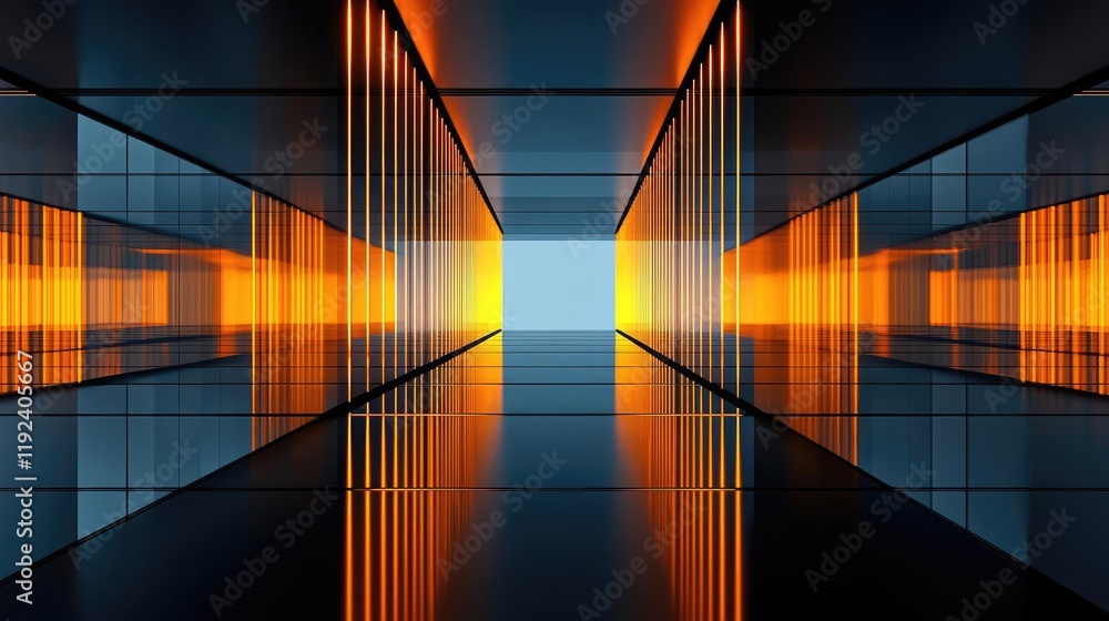 Aufkleber minimal symmetry idea. futuristic corridor with illuminated walls and glowing light at the end creat