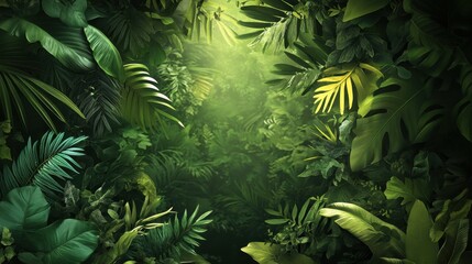 Lush Tropical Foliage Background with Soft Light and Deep Greens.