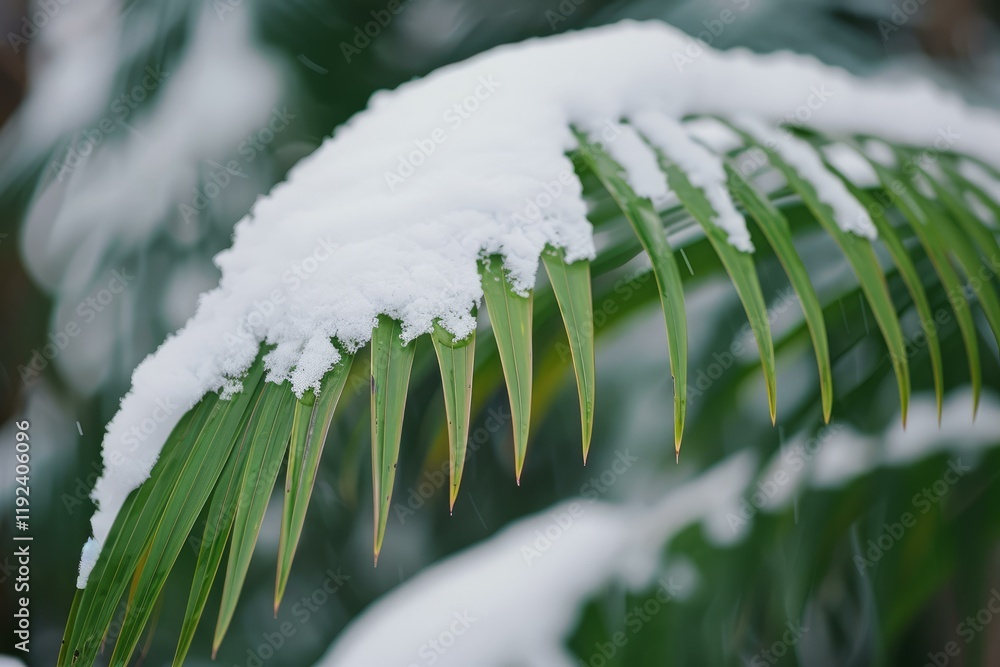 Aufkleber snow accumulating on palm tree leaves during a winter snowfall, creating a striking contrast between