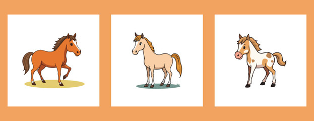 Cute cartoon illustration of brown and white horse, including a pony, donkey, horses, isolated transparent background 