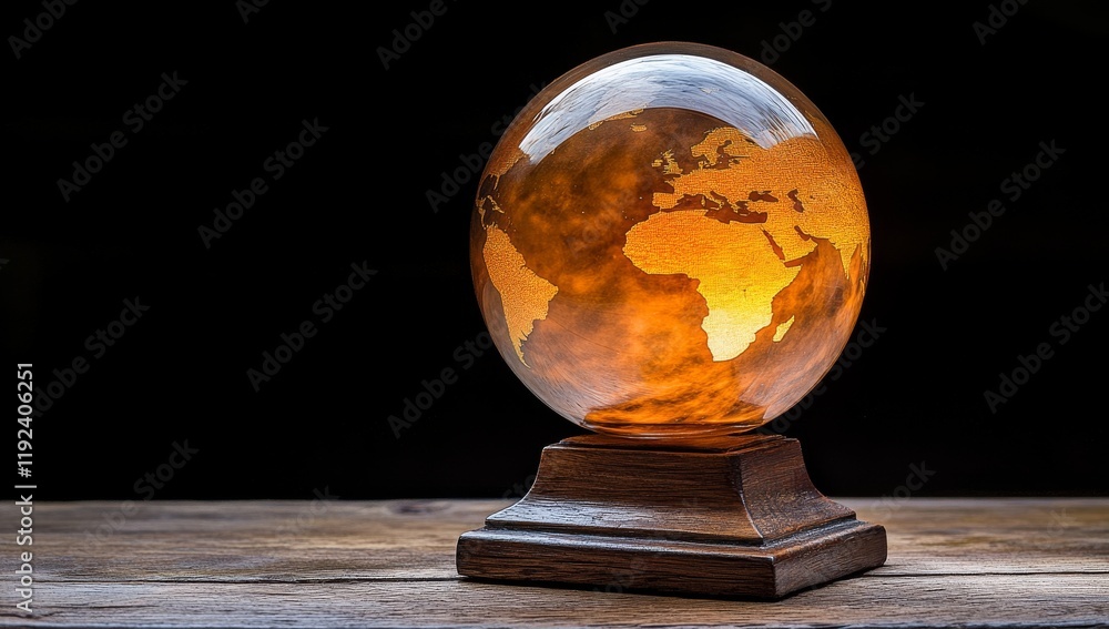 Poster glass sphere with glowing world map inside, representing global connectivity on black background