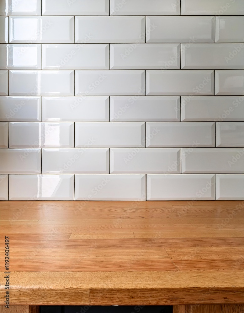 Poster glossy white subway tiles with an empty smooth wooden countertop