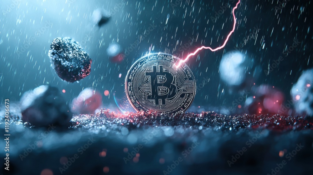 Poster a holographic projection of a bitcoin symbol with a rotating lightning bolt around it, symbolizing t
