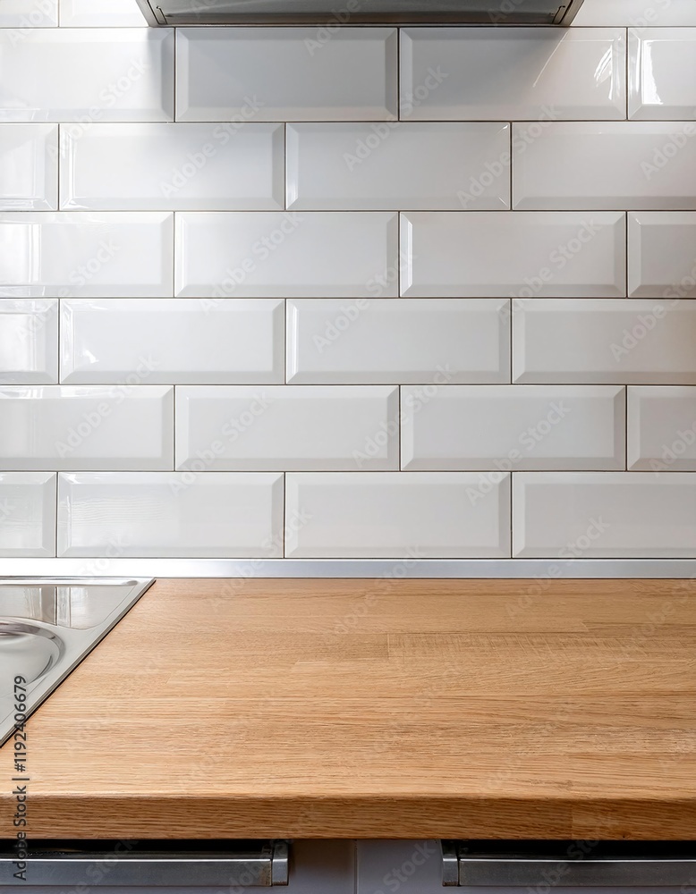 Poster glossy white subway tiles with an empty smooth wooden countertop