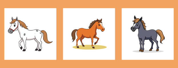 Three horse silhouettes, a vector illustration of farm animals, pony, donkey, stand isolated like wild stallions elements transparent background 