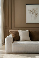 Beige Sofa in Modern Minimalist Living Room Interior Design. Calm and Serene Atmosphere, Neutral Color Palette, Cozy and Comfortable Home Decor