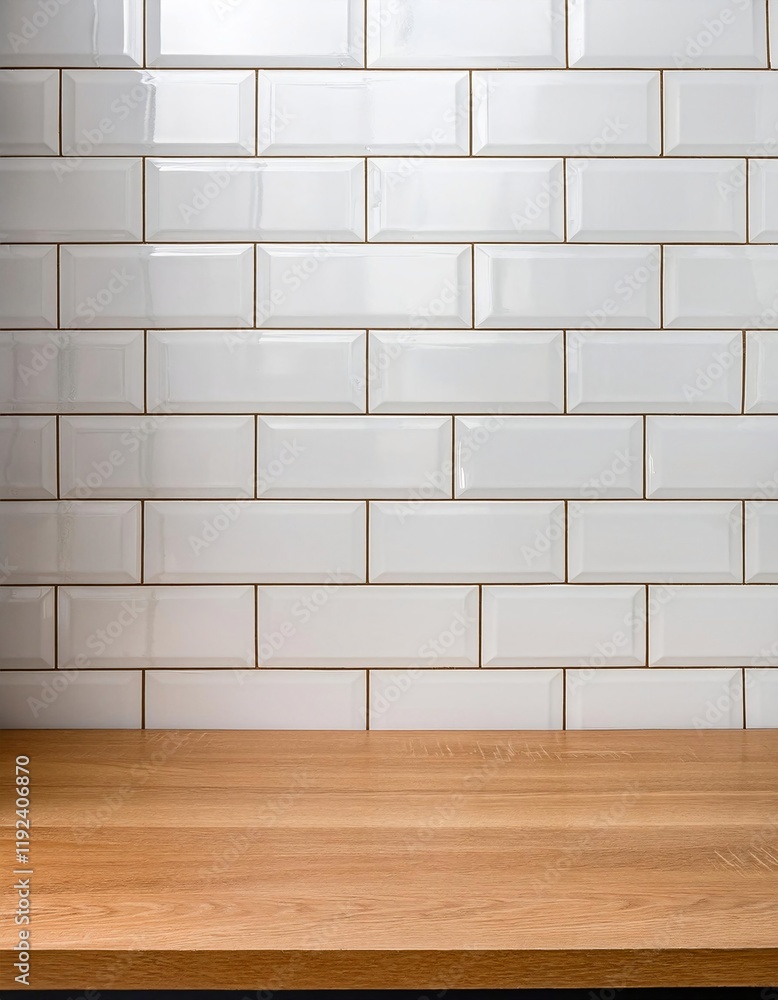 Poster glossy white subway tiles with an empty smooth wooden countertop