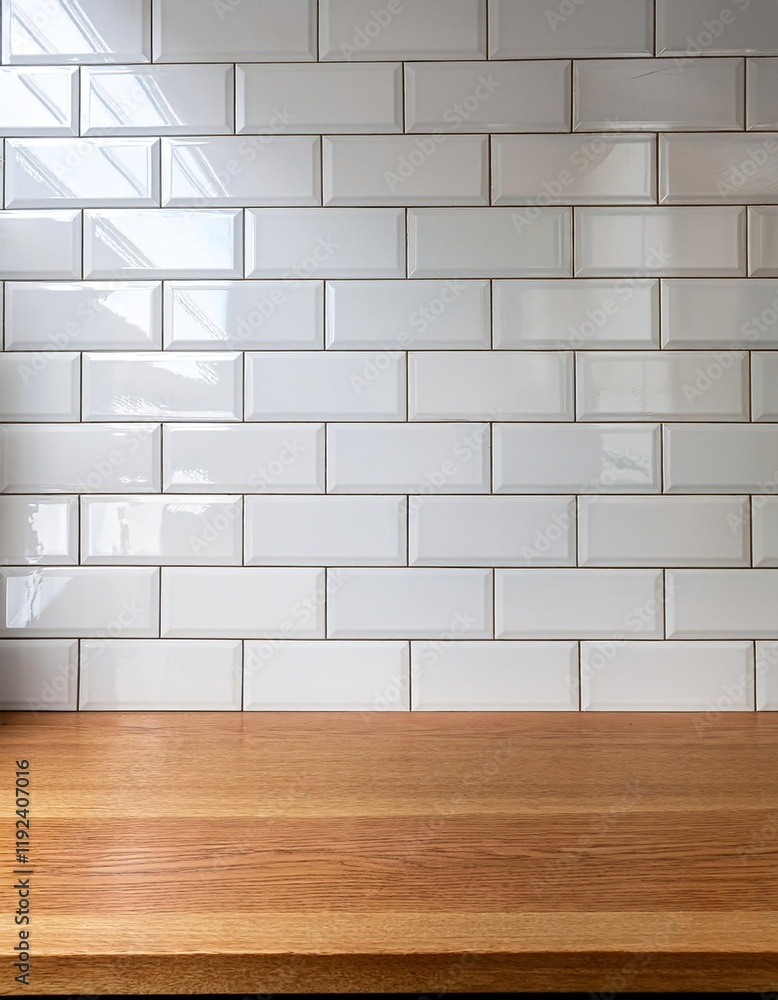 Poster glossy white subway tiles with an empty smooth wooden countertop