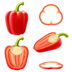 Realistic ripe raw bell pepper vegetable. Whole, half and slices cutted veggie. Isolated 3d vector set of red paprika garden plants, halved and cut veg pieces, circles and stems