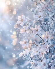 Frost-Kissed Blossoms Delicate White Flowers Encased in Ice with Sparkling Bokeh Lights.