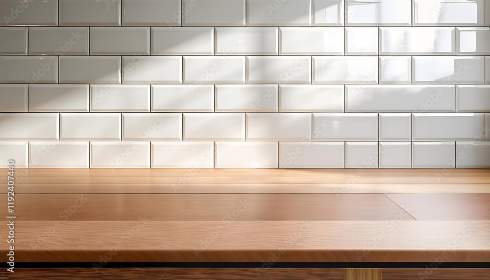 Poster glossy white subway tiles with an empty smooth wooden countertop
