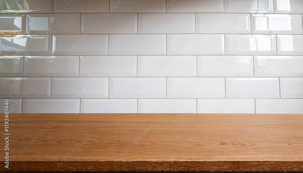 Poster Glossy white subway tiles with an empty smooth wooden countertop