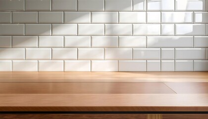 Glossy white subway tiles with an empty smooth wooden countertop