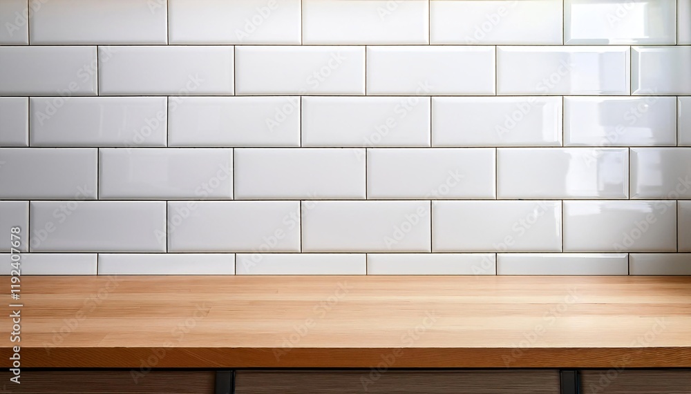 Poster glossy white subway tiles with an empty smooth wooden countertop
