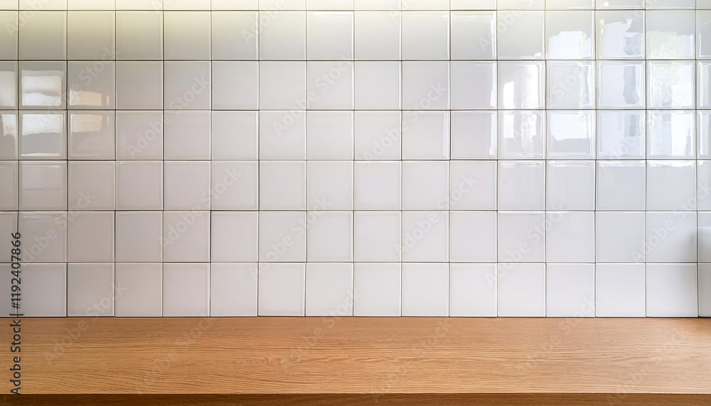 Poster Glossy white subway tiles with an empty smooth wooden countertop