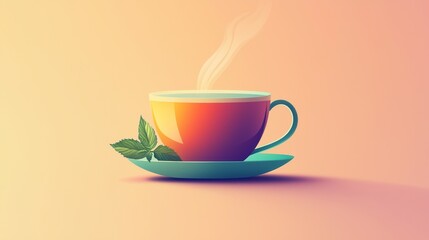 Minimalist steaming tea cup with gradient lines and mint leaf