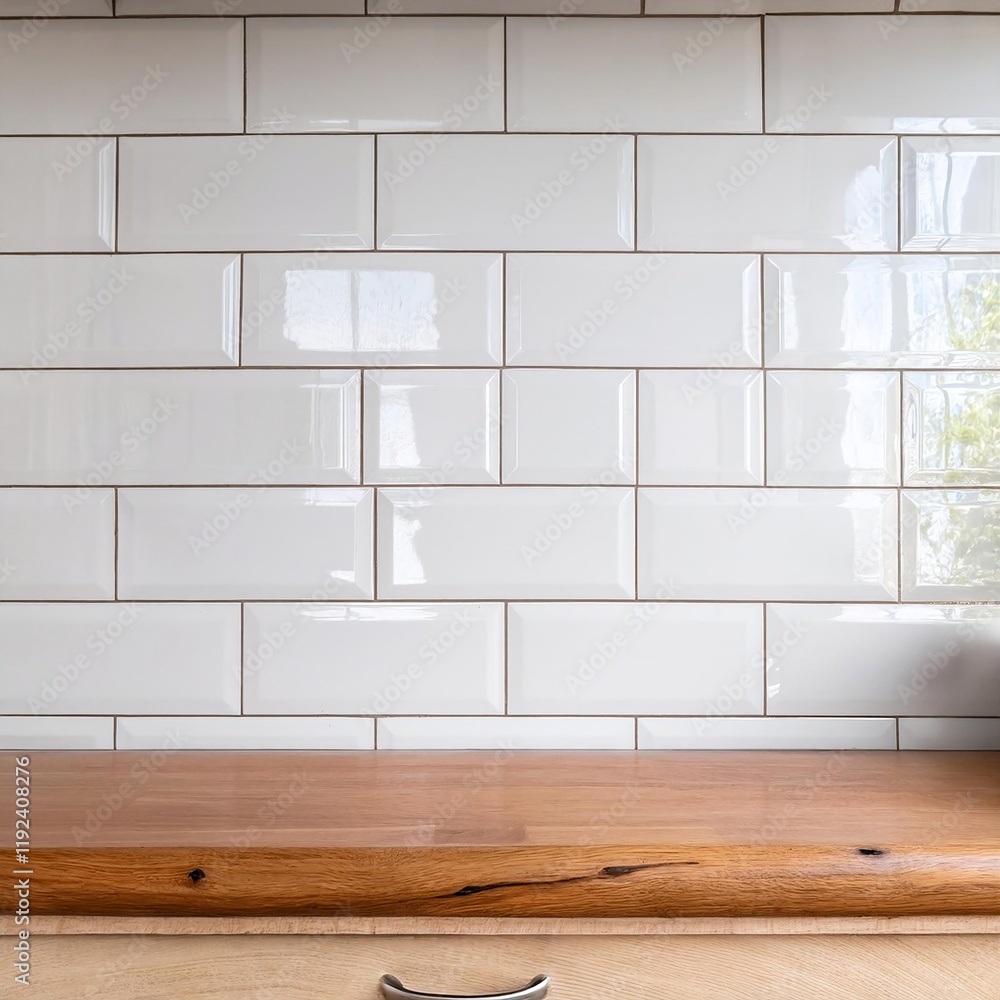 Poster glossy white subway tiles with an empty smooth wooden countertop